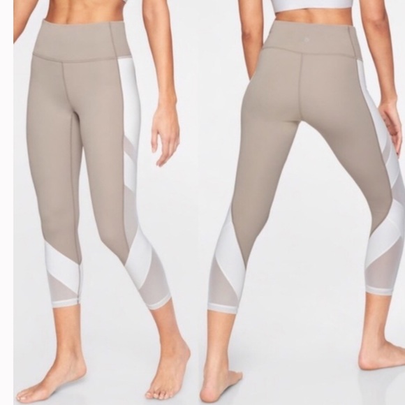 Athleta Pants - ATHLETA Leggings Mesh Inserts Tan & White Sz M